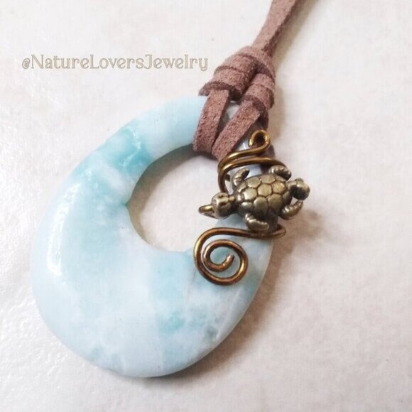 Gorgeous Wire Wrapped Sea Turtle Pendant + Vegan Suede Cord - Possibly Larimar! - Picture 1 of 10